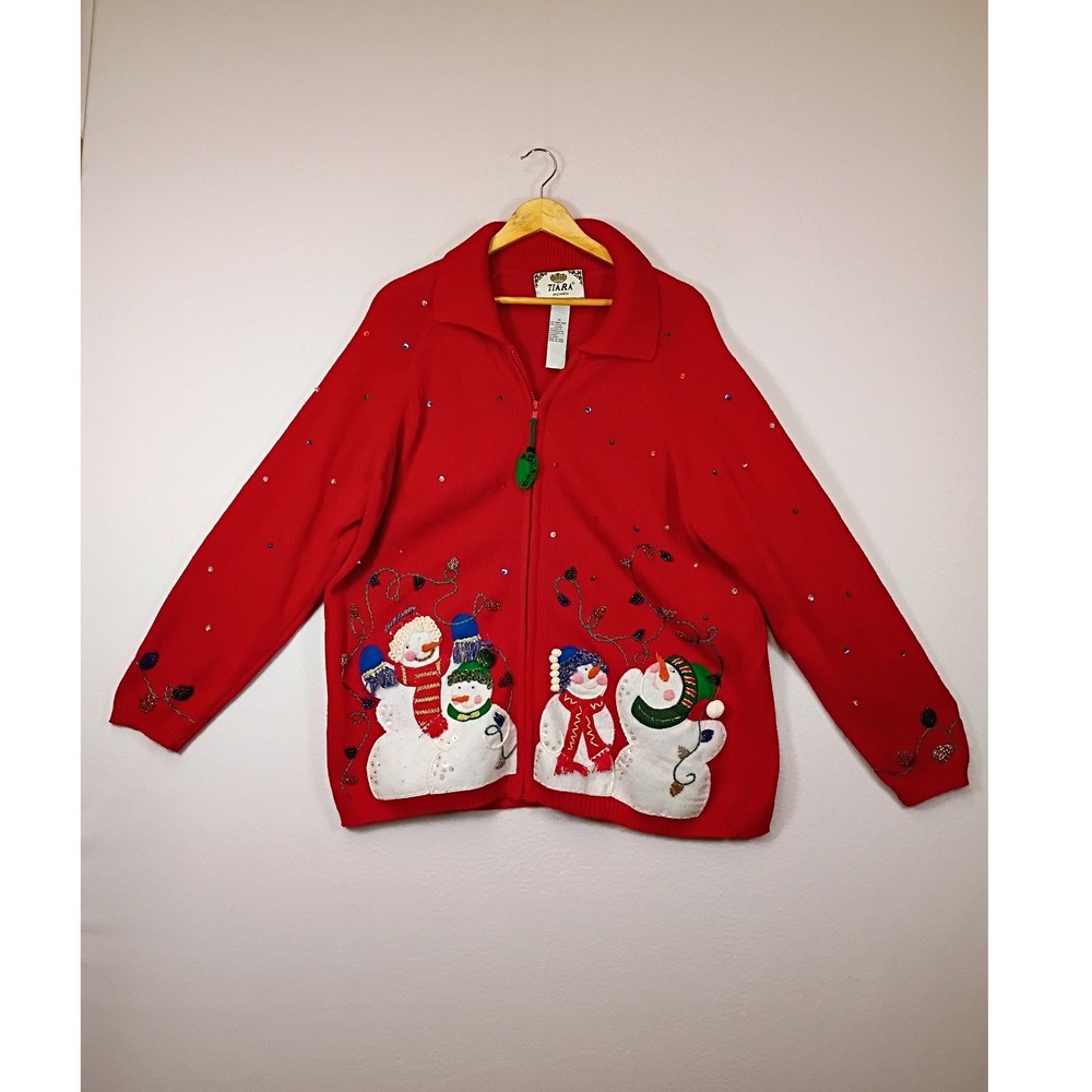 Ugly Christmas Tiara Women 1X Red Snowman Beaded Zip Up Cardigan Sweater